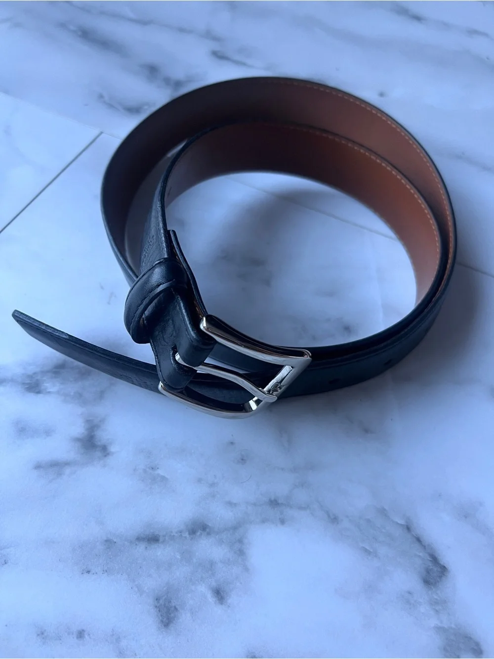 Shinola Black Leather Belt with Brown Interior and Silver Buckle 36